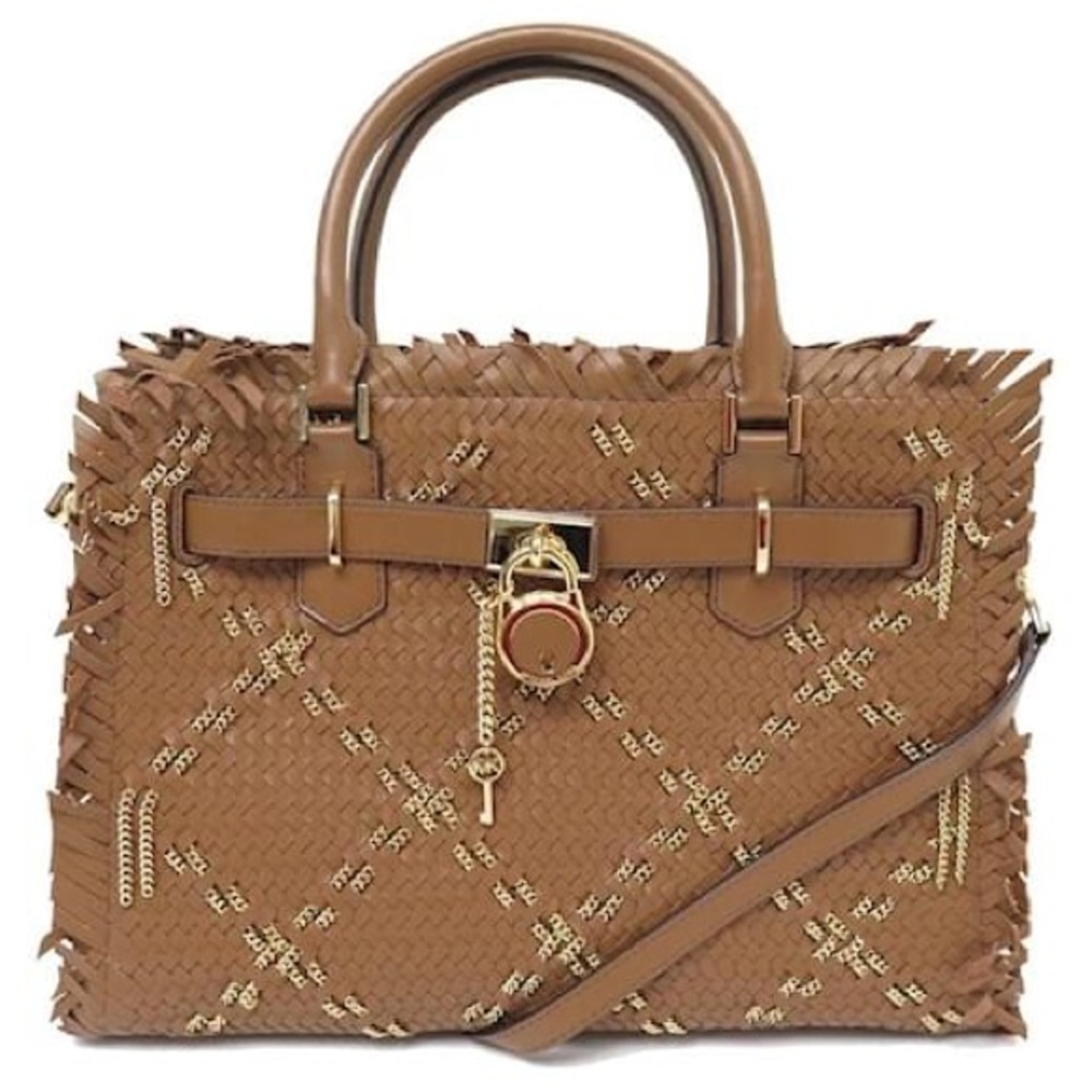 Michael Kors Hamilton Brown Woven Leather Satchel Crossbody